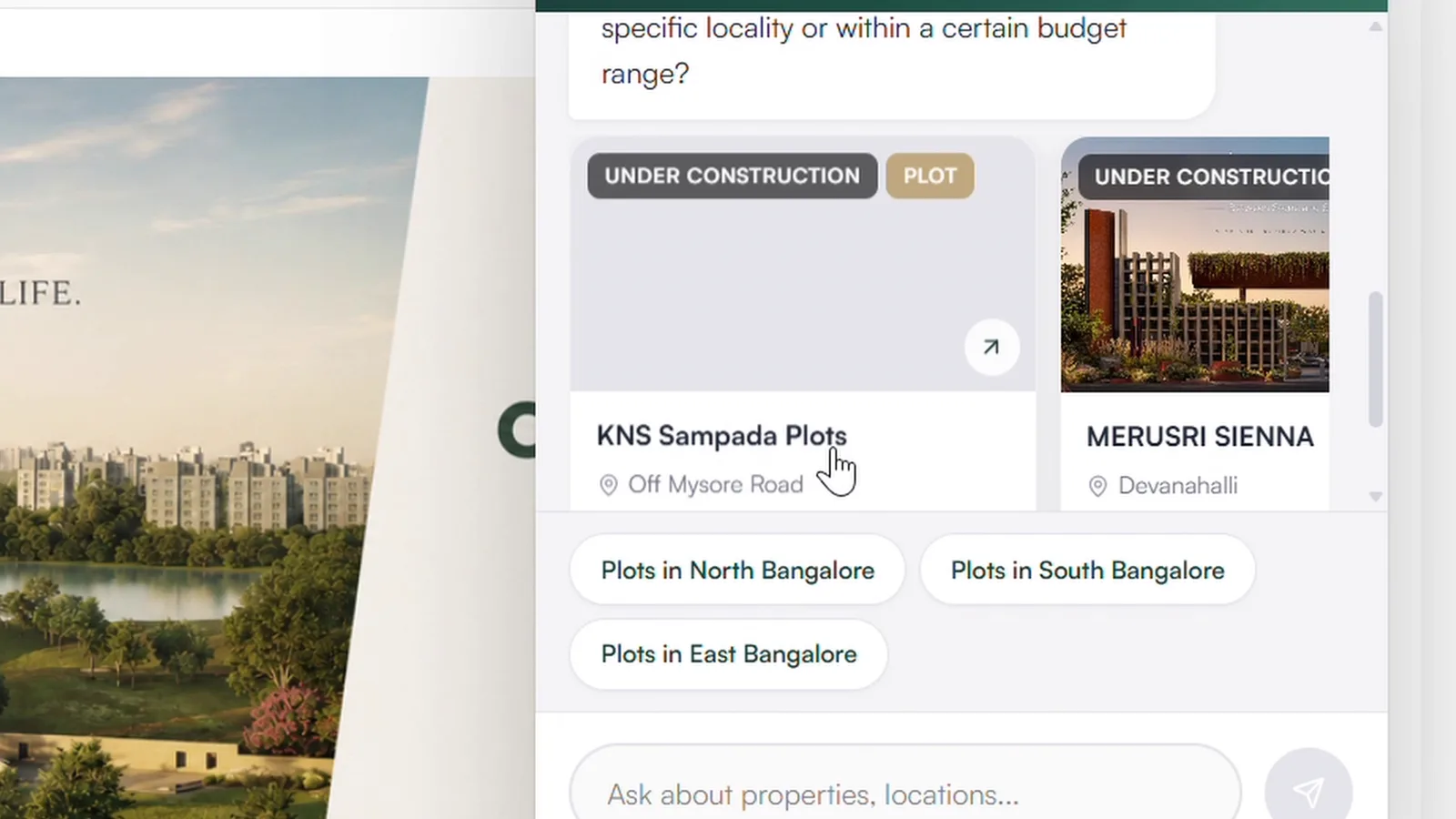 Kiwi, the 27 Estates AI assistant, answering a property search with project cards and follow-up suggestions