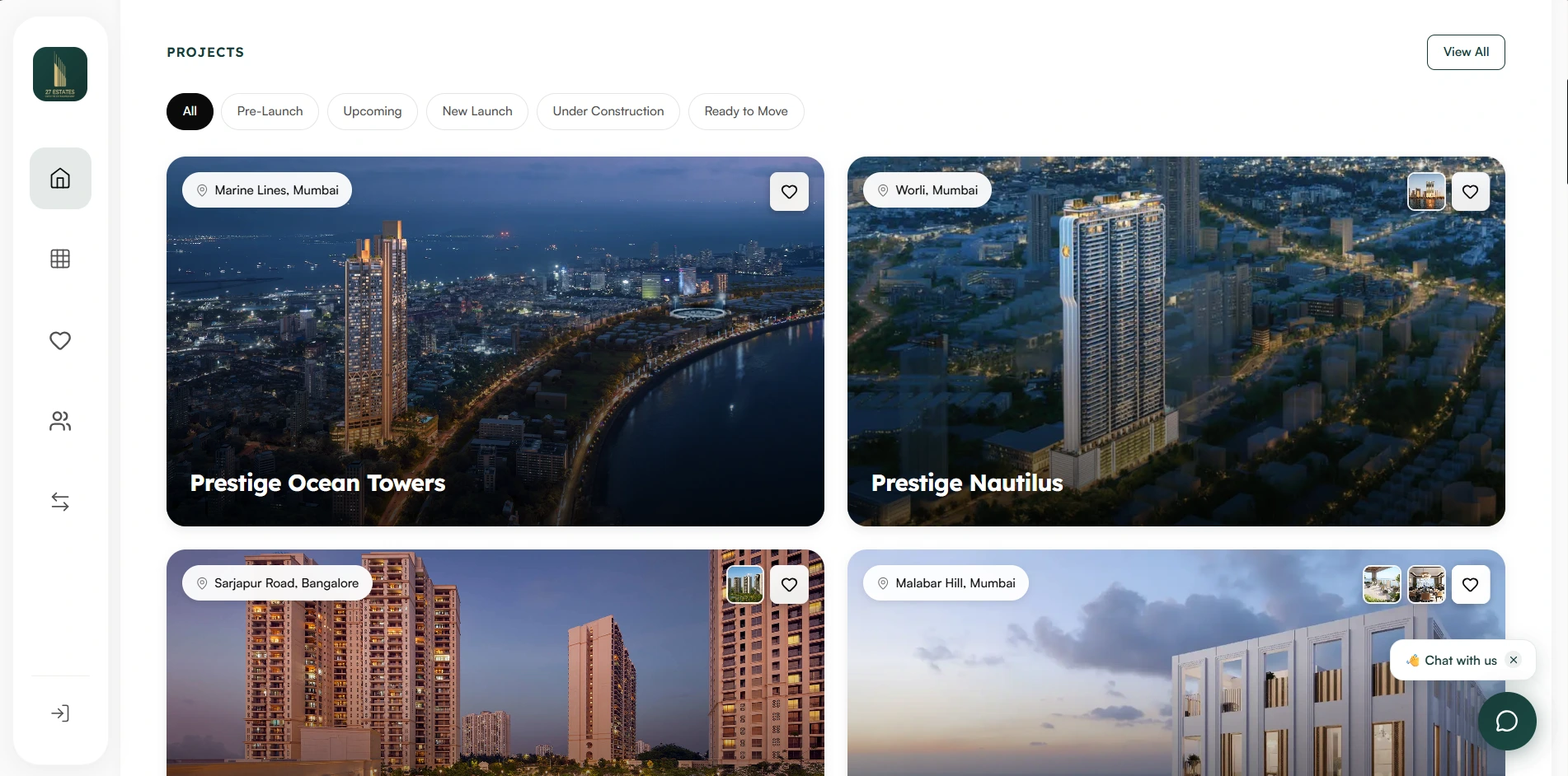 The 27 Estates projects page with large photography, property cards, and dedicated search filters