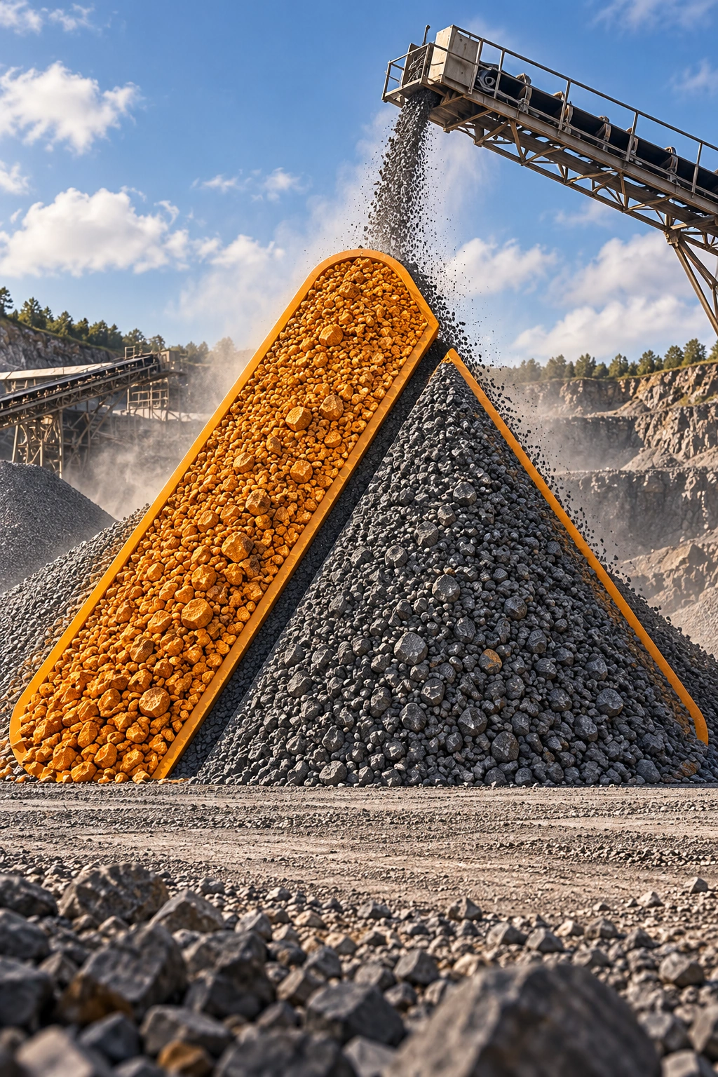 Orange and grey aggregate piled into the shape of the Capitan split-triangle mark at the quarry