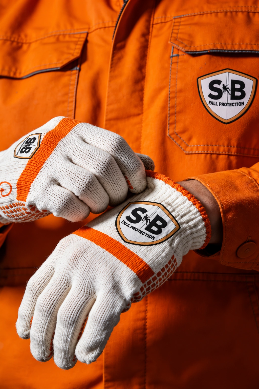 Knitted work gloves with the SB Fall Protection shield, pulled on over an orange jacket