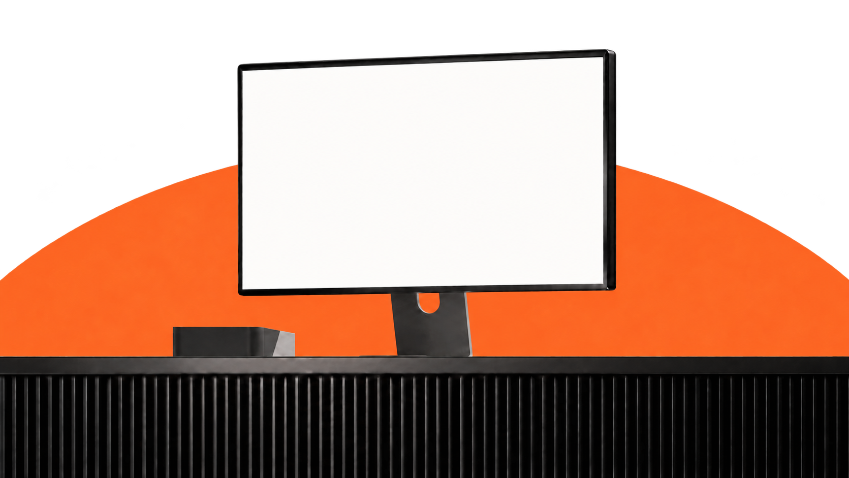 Desktop monitor on an orange curved backdrop with a transparent upper background