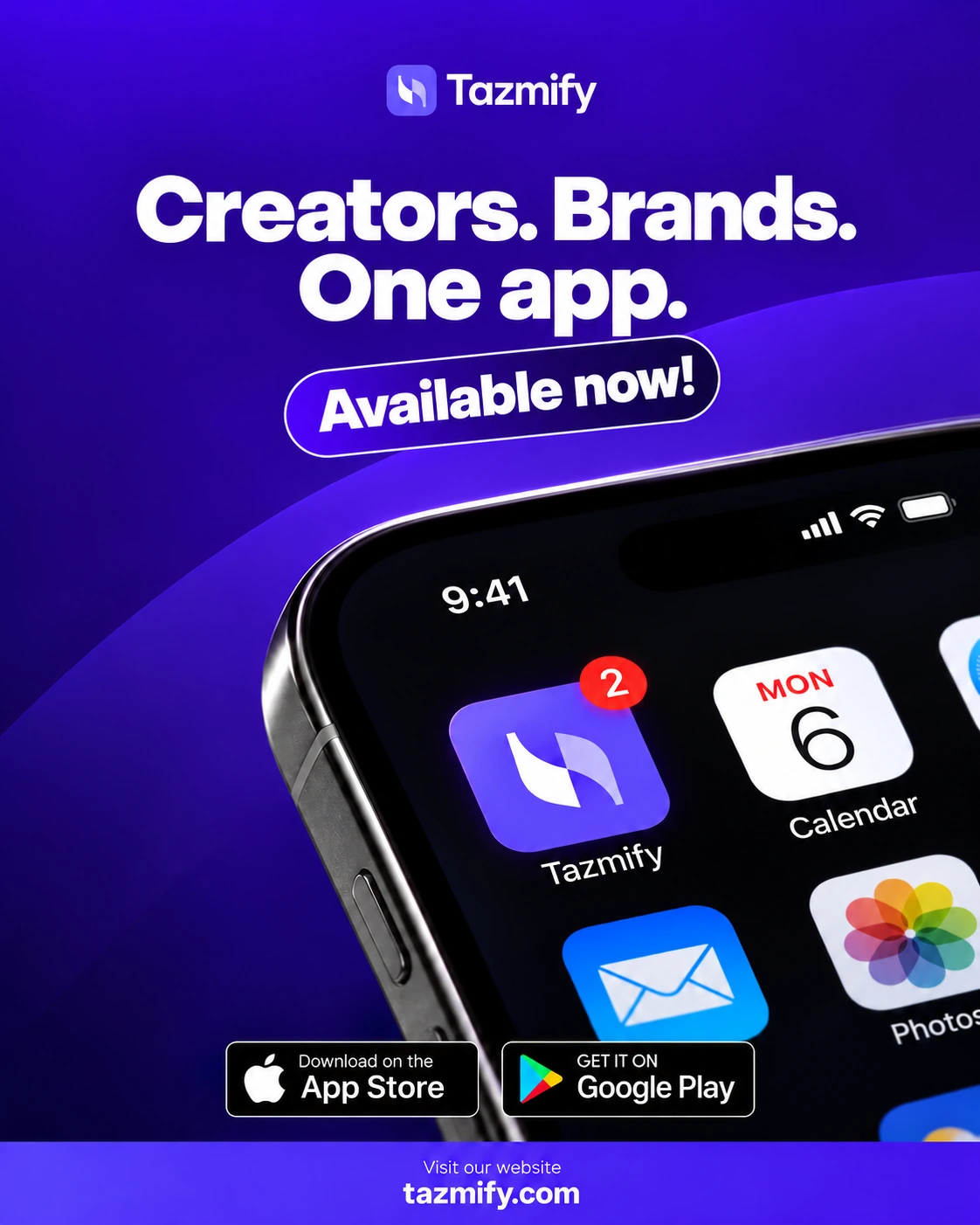 Launch creative reading Creators. Brands. One app. Available now, with the app icon on a phone home screen