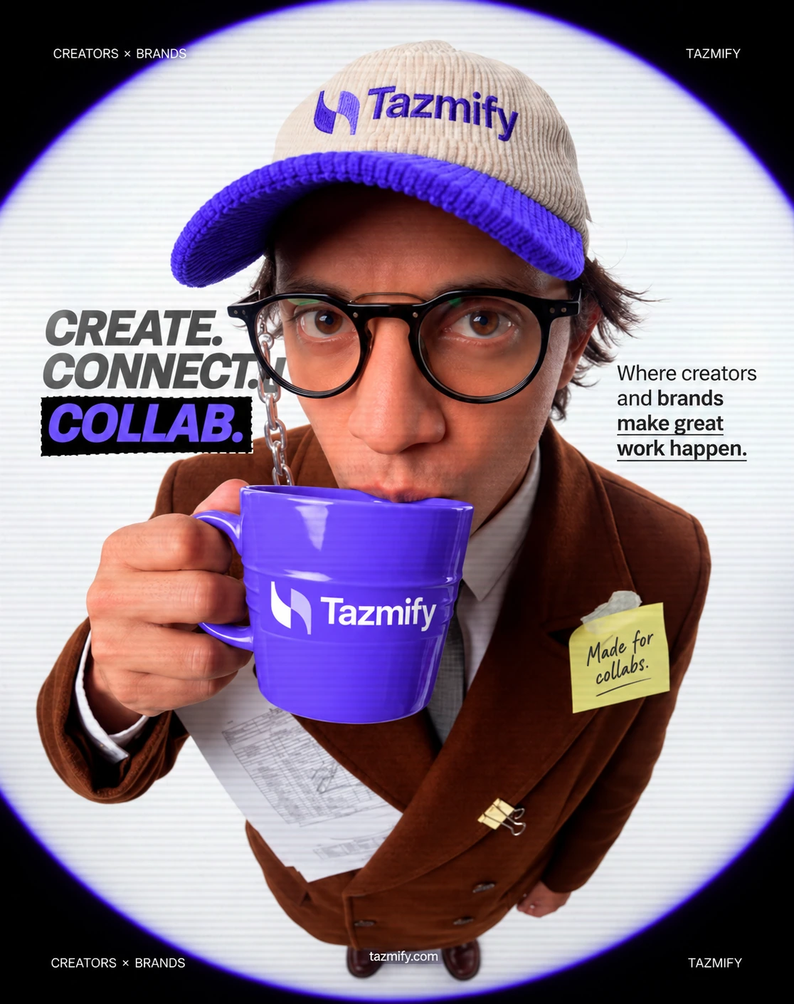 Tazmify creator campaign portrait with a violet branded cup and cap