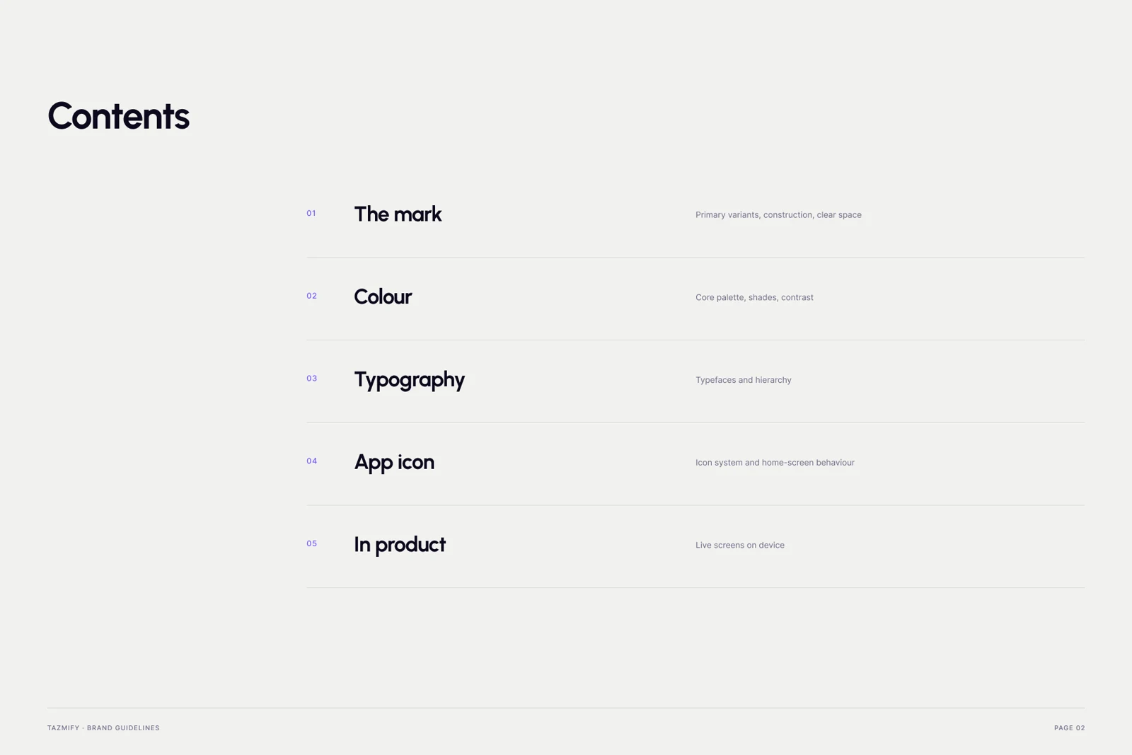Tazmify brand guidelines, page 2: Contents
